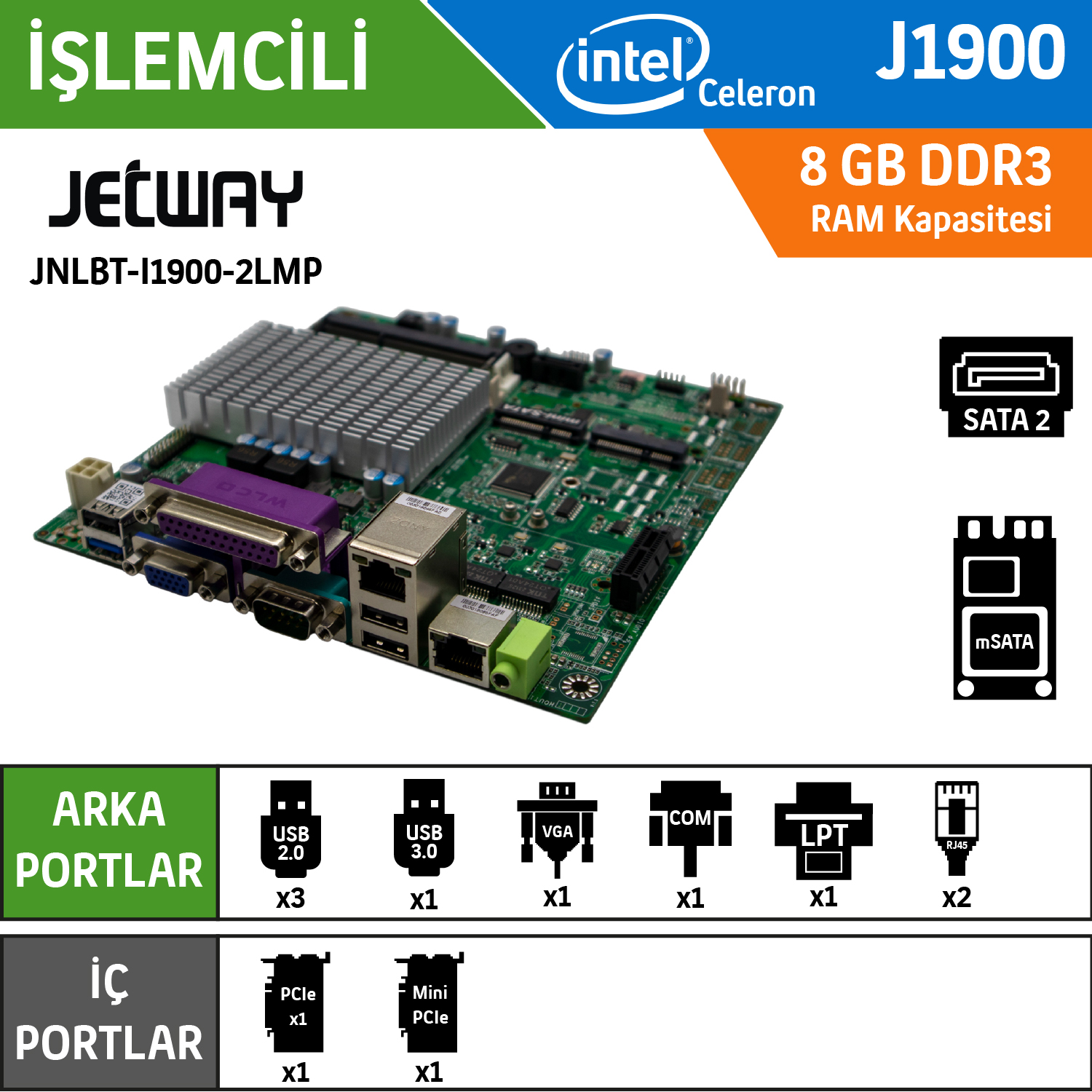 Jetway JNLBTA-I1900-2LMP Intel Celeron J1900 Fansız Endüstriyel Mini ITX Anakart