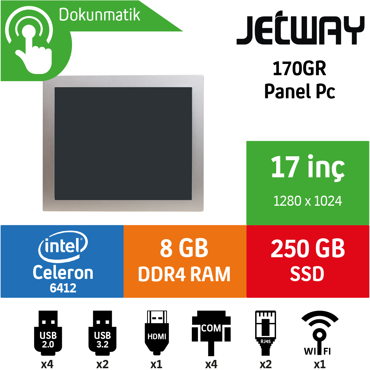 Jetway 170GR-HD6412 8GB 256GB SSD Freedos 17" Endüstriyel Panel Pc