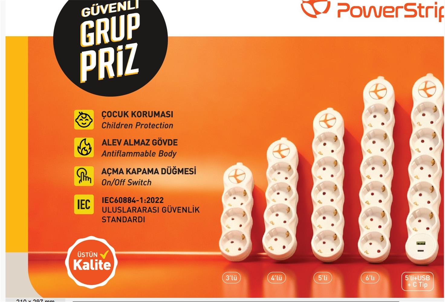 TUNCMATIK POWERSTRIP6 TSK19058 1,5m IEC 66884-1:2022 Standartı, FR(Alev Almaz)anahtarlı grup priz