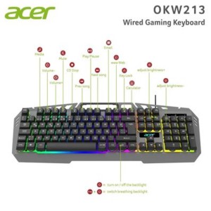 Acer OKW213 Gri RGB Rainbow Backlit Gaming Keyboard Rainbow (Kablo Uzunluğu 1,5mt)