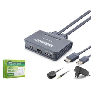 HADRON HDX1427 DisplayPort KVM Switch 2 Console USB Harici Butonlu Dahili Kablolu 2 DP Siyah